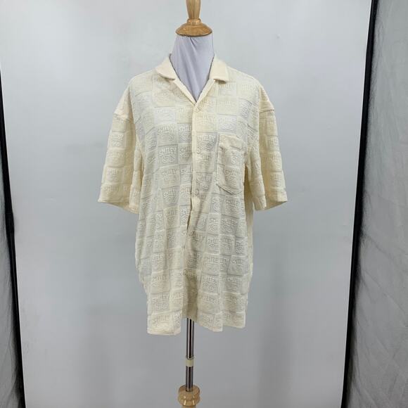 H&M Smiley Shirt Women M Medium Baby Yellow Button Up Relaxed Fit Terry Embossed - Picture 2 of 13